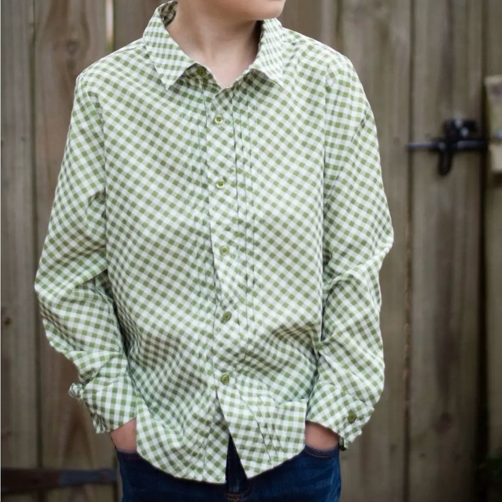 Very Vintage Green And Ivory Gingham Pintucked Collared Shirt-3t